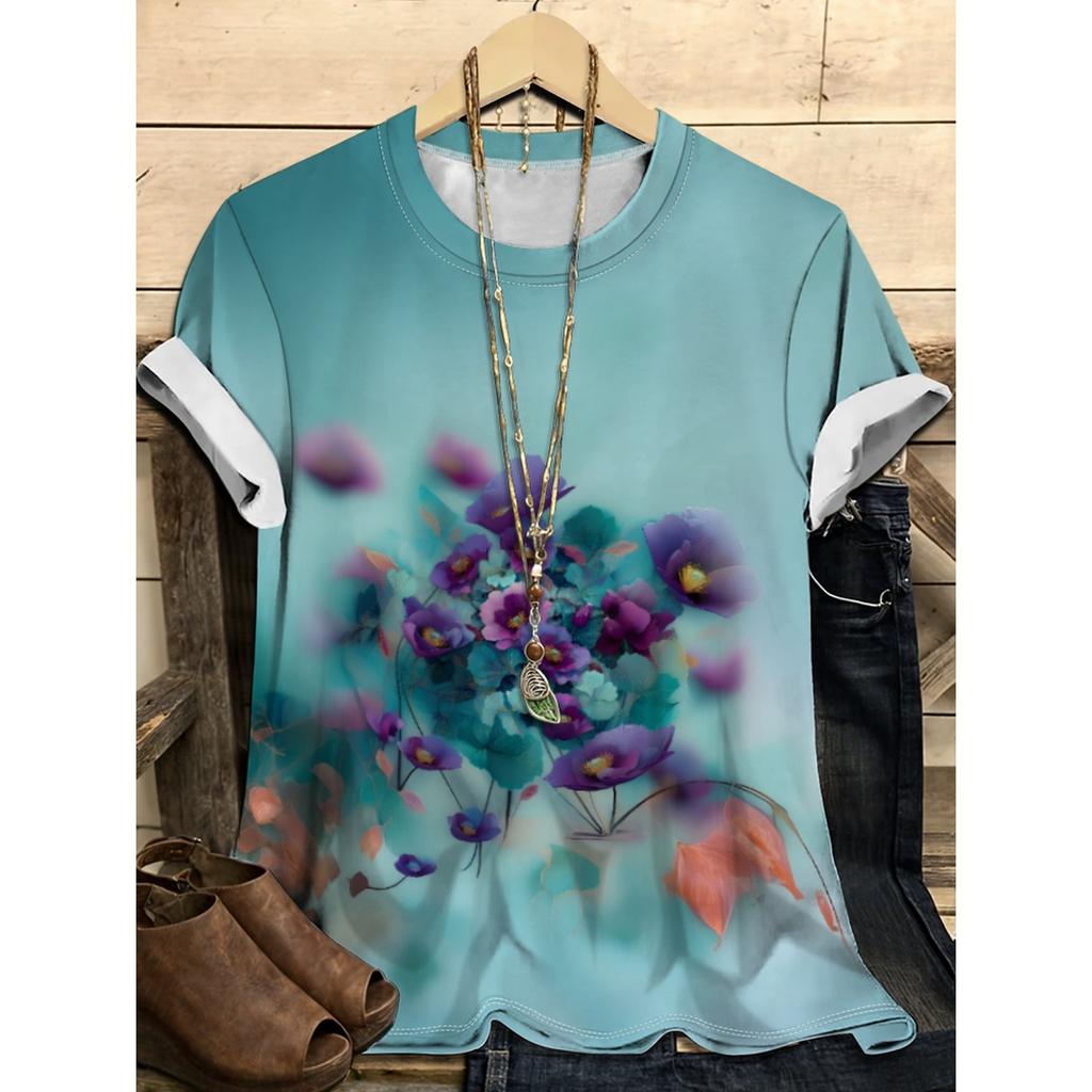 Letní dámské tričko s kulatým výstřihem, 3D potiskem květinového vzoru, módní, ležérní, barevné, s krátkým rukávem