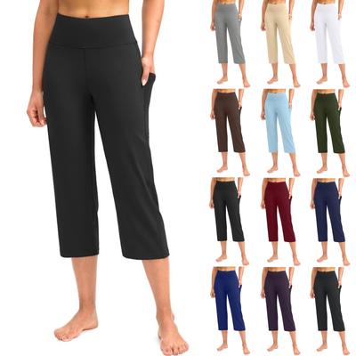 Women  Elastic High Waist 3/4 Pant Casual Active  Fit Wide Capris Leg Pants Trousers With Pockets