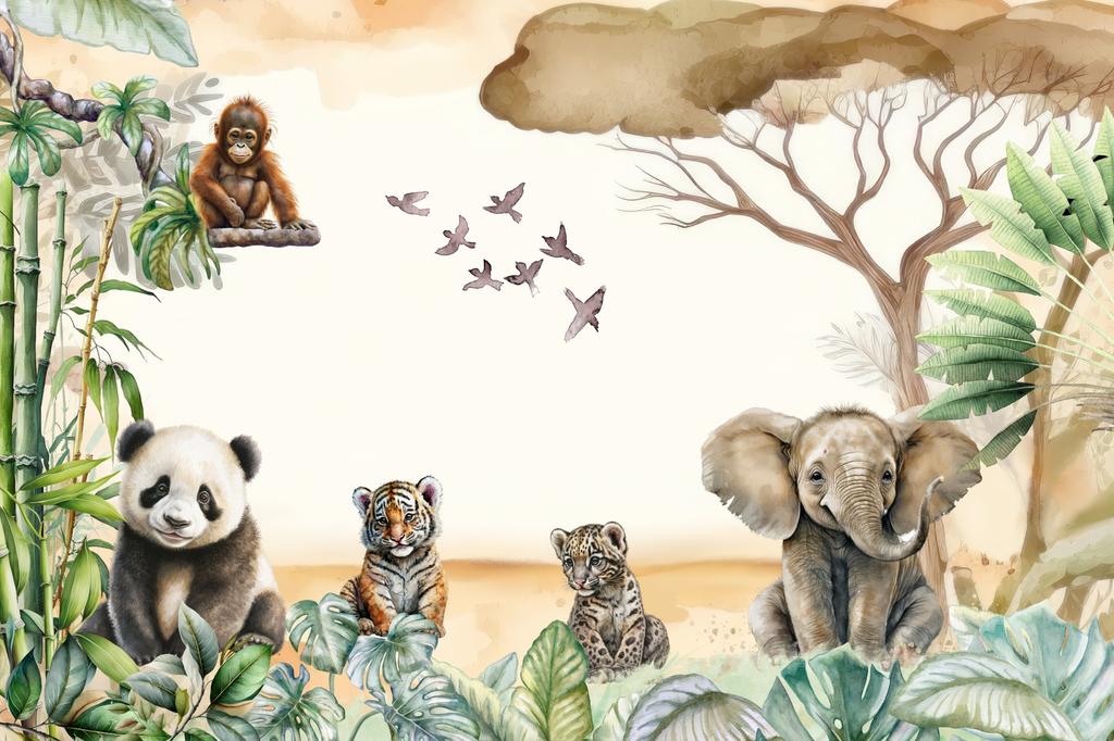 Children's photo wallpaper safari savanna tiger, leopard, elephant M126 200x135