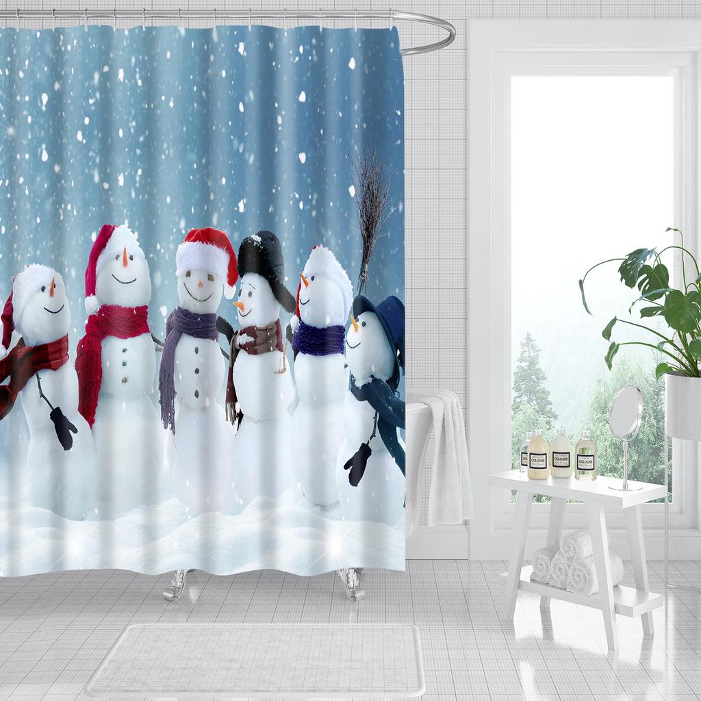 Merry Christmas Shower Curtains New Year Santa Bathroom Decor Bath Curtain Cartoon Snowman Elk Bath Bathroom Curtains