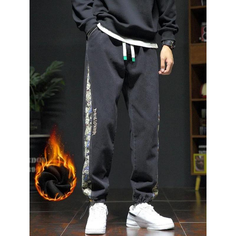 Zimní silné fleecové teplé volné harémové džíny pro muže s vysokým pasem, ležérní streetwear, pánské modré džínové kalhoty plus size