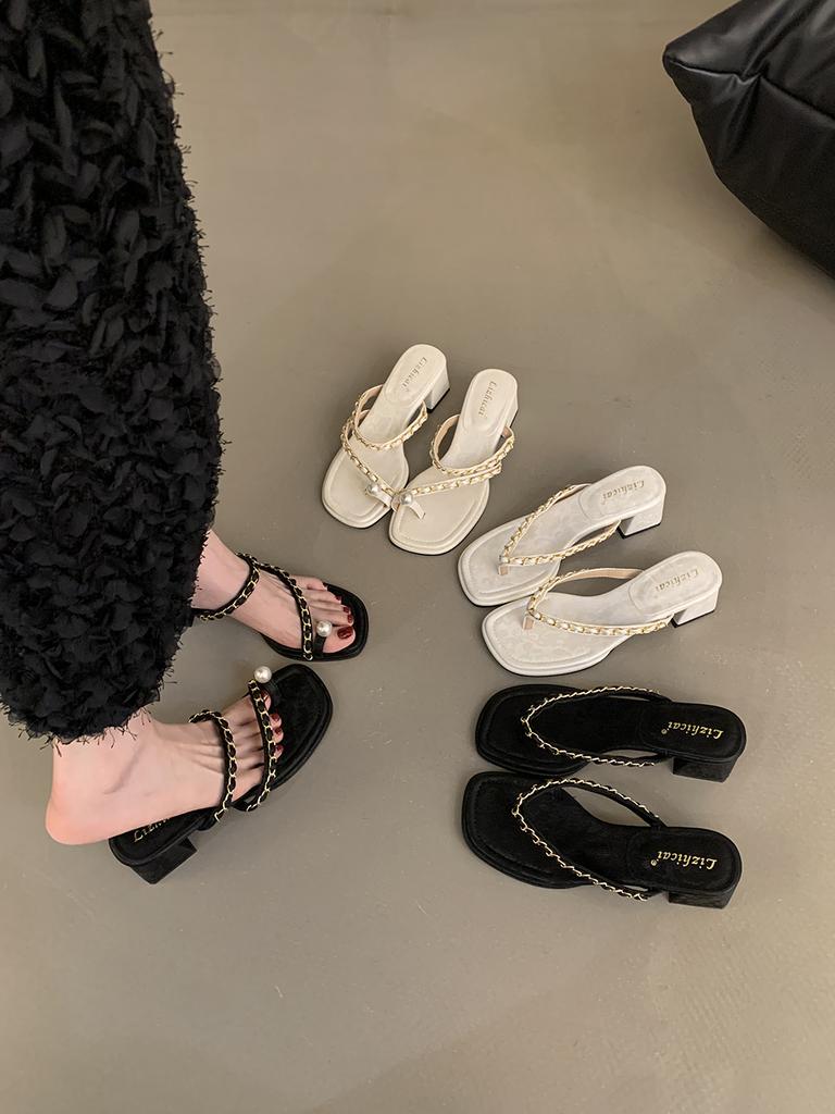 Fashion Slippers Women Summer Shoes Square Heel Rubber Flip Flops Heeled Mules Slides Block Hawaiian High Retro Scandals Square Heel Sho