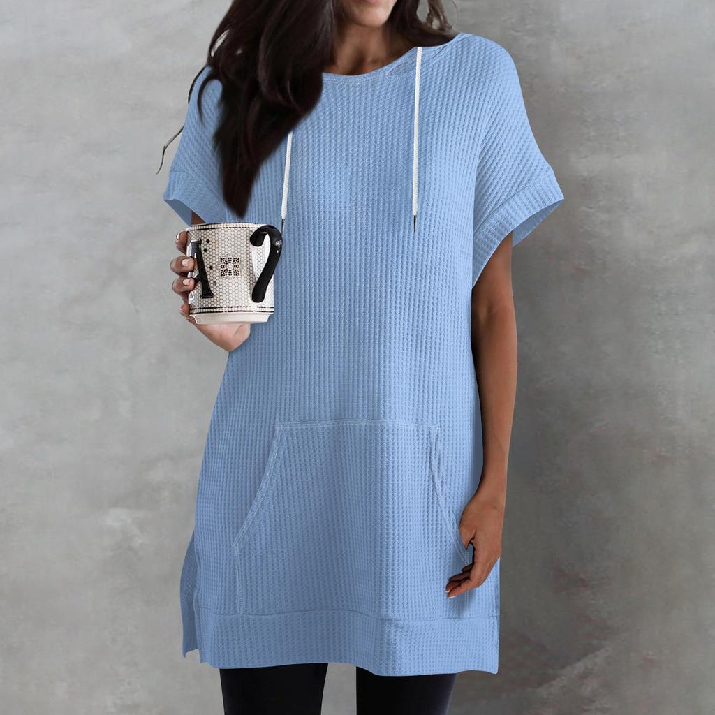 Women's Color Loose Shirts Short Sleeve Drawstring Hoodies Knit Side Slit Tunic Hooded Tops With Pocket