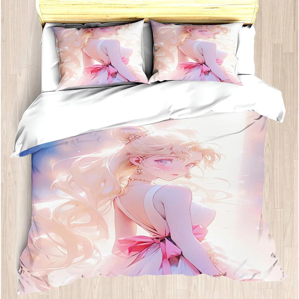 Mädchen Modern Bedrucktes Bettbezug-Set American Girl Lori Rosa Bett Tsukino Bunny Polstersets 3 Teile