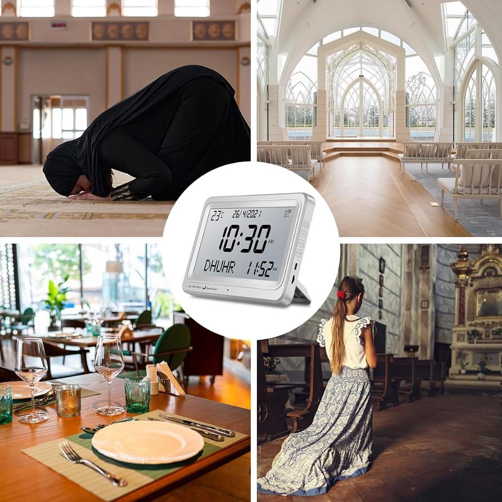 Masaüstü LCD Ekranlı Alarm Saati Çoklu Diller Gregoryen Takvimleri 8 Ezan Sesi Elektronik Saat Azan Duvar Saati Müslüman Namaz