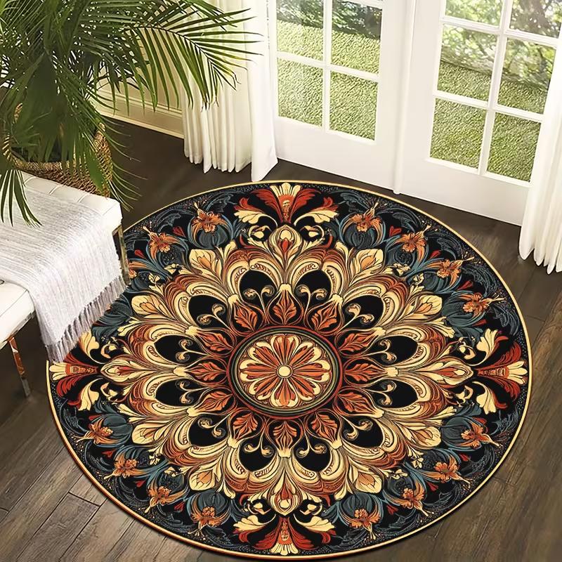 

Vintage Boho Blue Gold Lotus Round Rug Ethnic Geometric Floral Carpet Soft Non-Slip Floor Mat for Living Room Bedroom 60cmx60cm