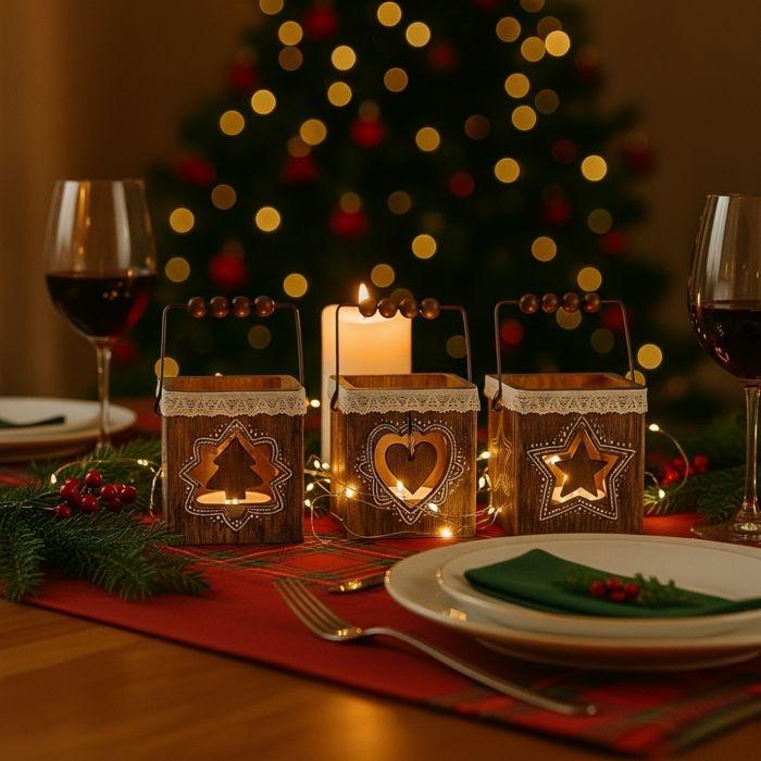 Wooden Candle Holders - SIROCO - Set of 4 - Heart, Star, Fir Tree Motifs - Christmas Atmosphere - Rustic