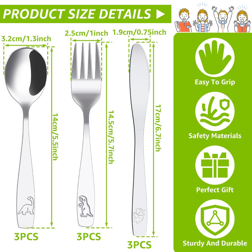10/9 Pcs Stainless Steel Kids Fork Spoon and Knife Set Fun Dinosaur Bear Smooth Kids Silverware Set Toddler Meal Dishwasher Safe