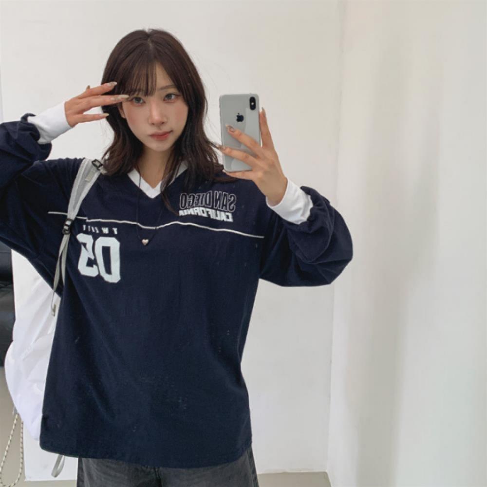 New ArriVals Open Run Women Sporty Color Block Lettering Cotton V Neck Long Slee