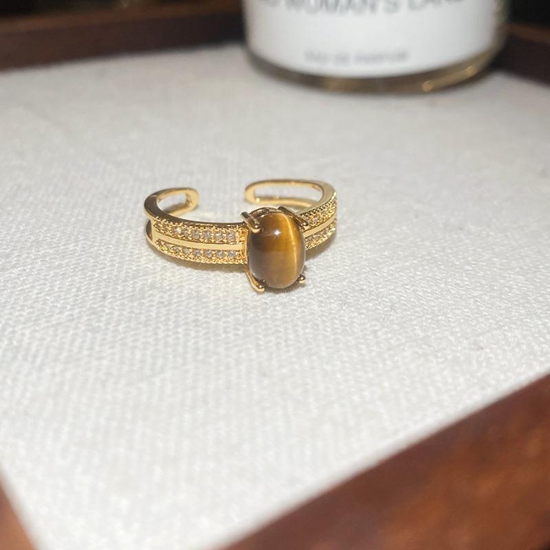 Real gold electroplated zircon tiger's eye open ring niche high-end index finger ring Maillard retro temperament jewelry