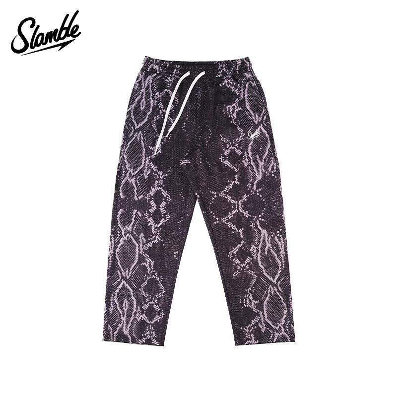 Slamble Men s American-Style Snake Print Nine-Point Straight-Leg High-Elastic Sports Casual Basketball Sleep Pants Full Print Loose Fit L чёрный
