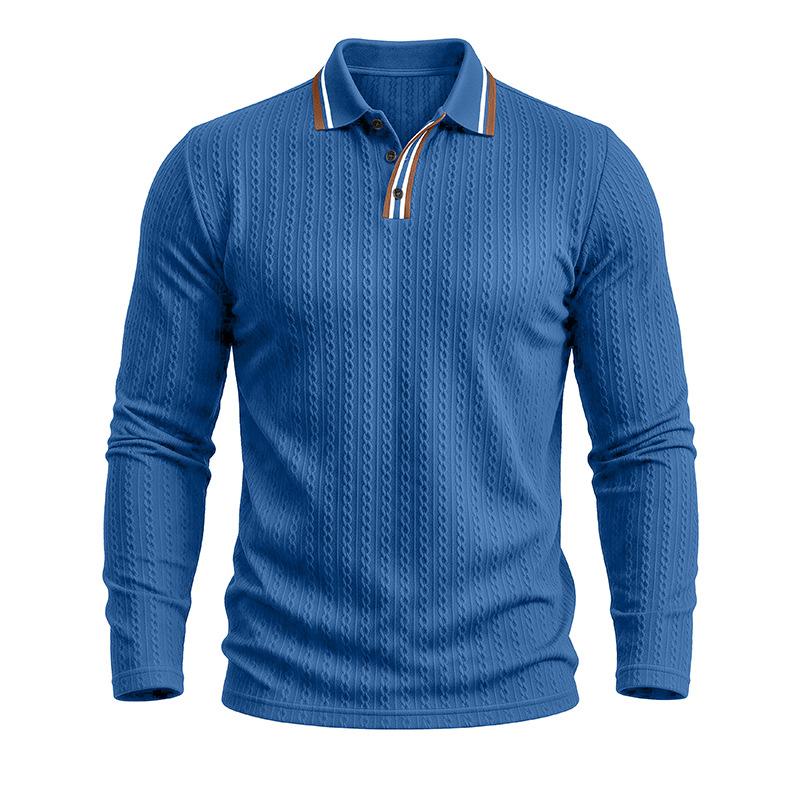 Men S Long Sleeve Polo Shirt Vintage Jacquard Solid Color Casual Top