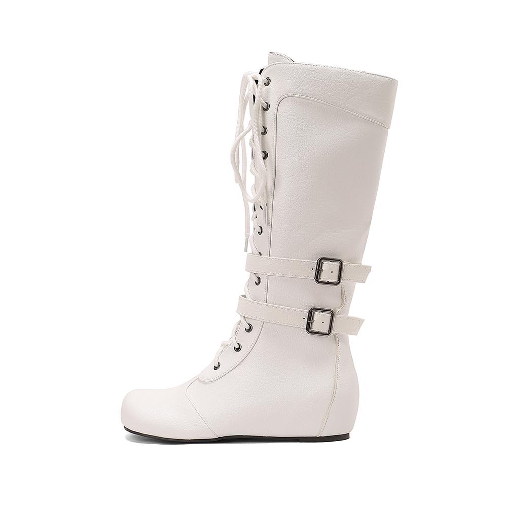 White Brown Women Mid Calf Boots Med Wedge Heel Big Size 50