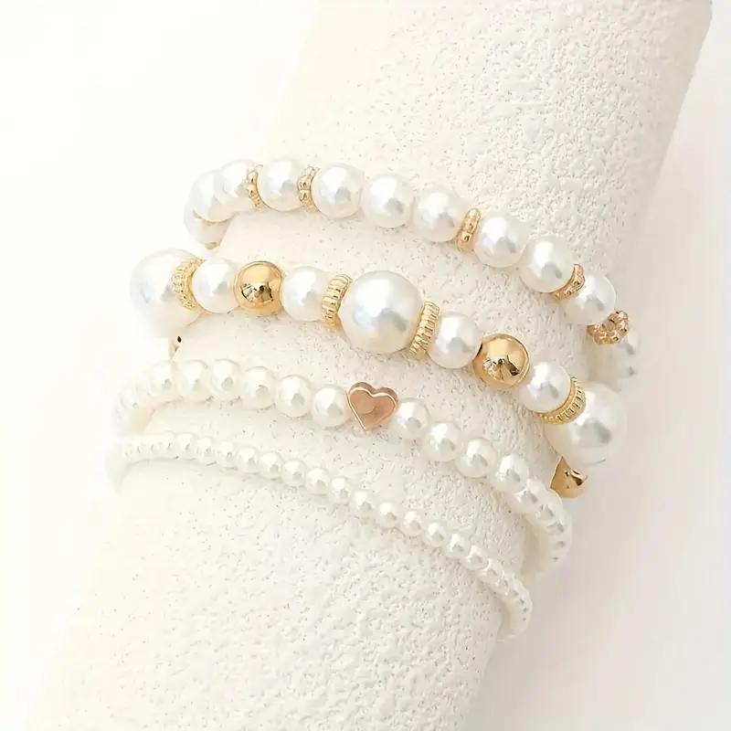 4 Pcs Elegant Boho Heart Charm Beads Bracelet Set Fashion Faux Pearl Layered Bracelets for Women Daily Wear Jewelry Gifts 2026