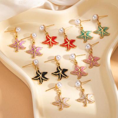 Ocean Style Stainless Steel Stud Earrings for Women - Enamel Starfish & Pearl Titanium Steel Ear Ornaments