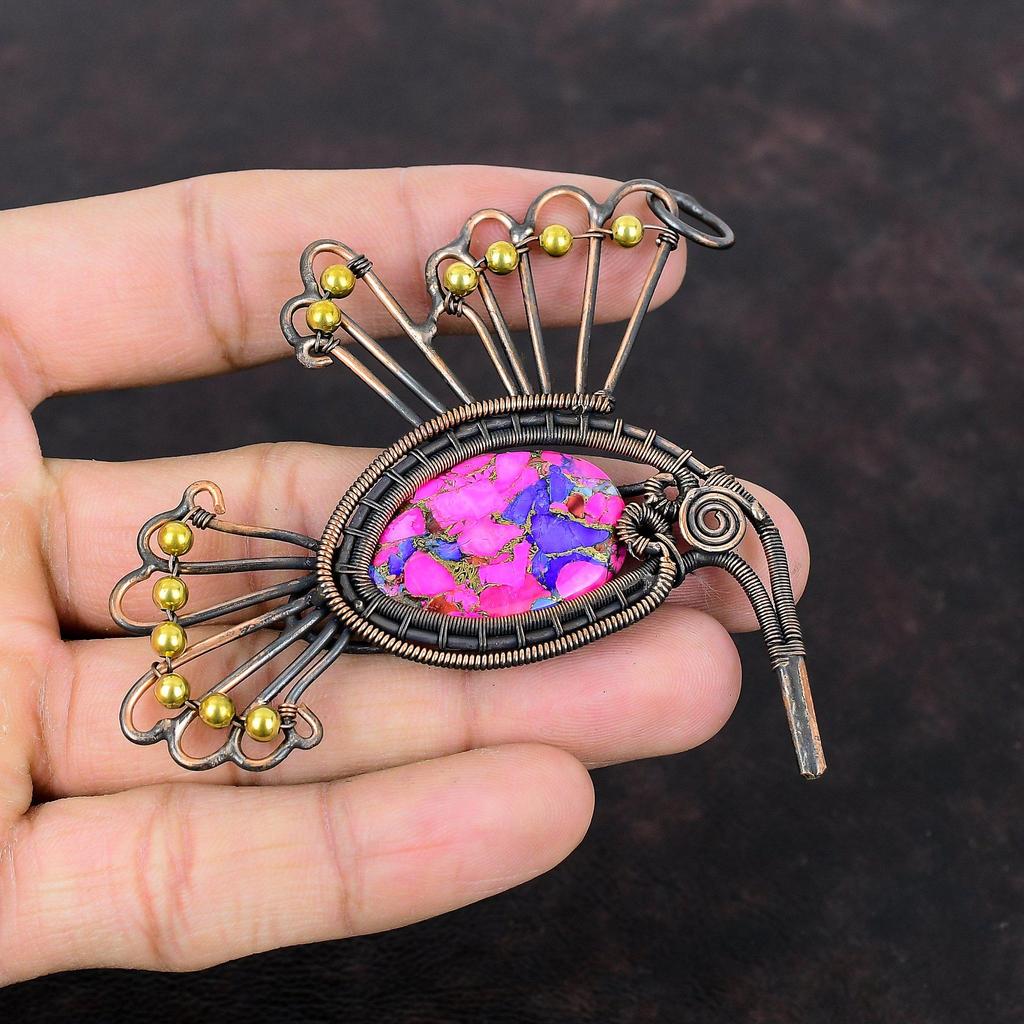Natural Kingman Pink Dahlia Turquoise Pendant Copper Wire Wrapped Jewelry Gemstone Copper Pendant Handmade Pendant Wire Wrapped Bird Jewelry