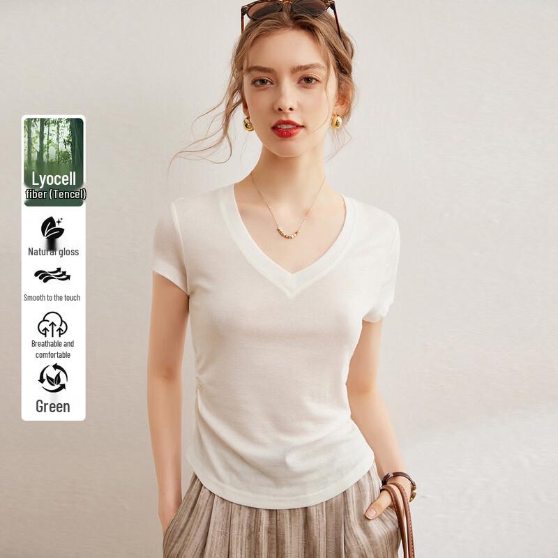 

Bailuyu Women s Solid V-Neck Short Sleeve T-Shirt with Wool-Tencel Blend XL