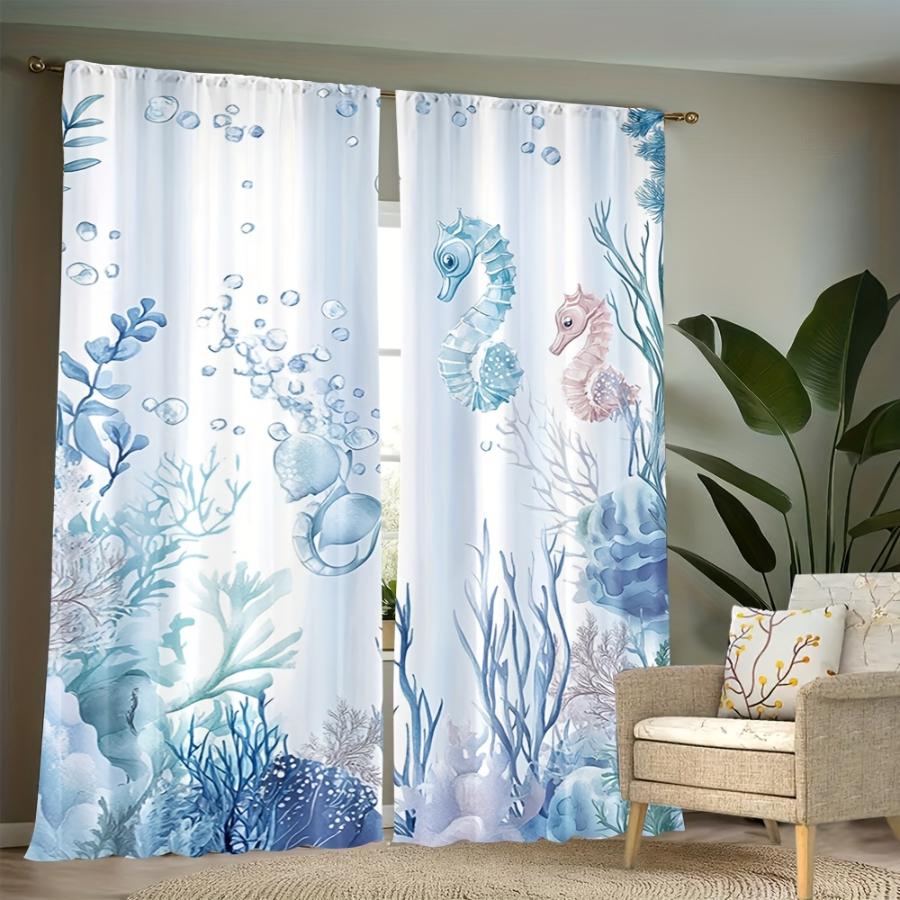 2PCS Digital Printed Curtains with Coral Seahorse Design, Stylish Window Drapes for Living Room Bedroom Home Decoration