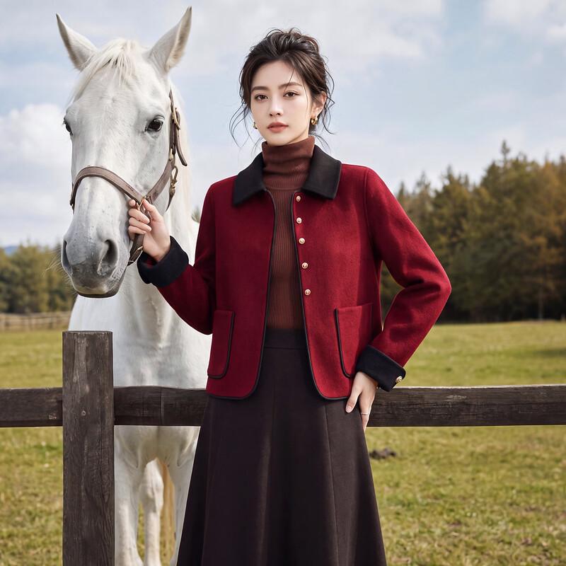 Qianbainian Women's Wool-Blend Color-Block Lapel Double-Faced Coat