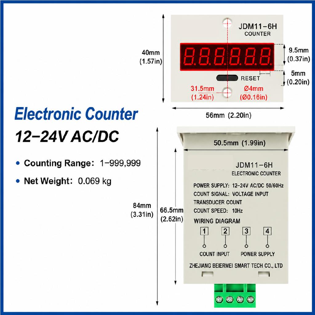 JDM11-6H 6 Digit Digital Counter LED Display Electronic Totalizer Industrial Panel Mount Counter Power Failure Memory 12-380V 1