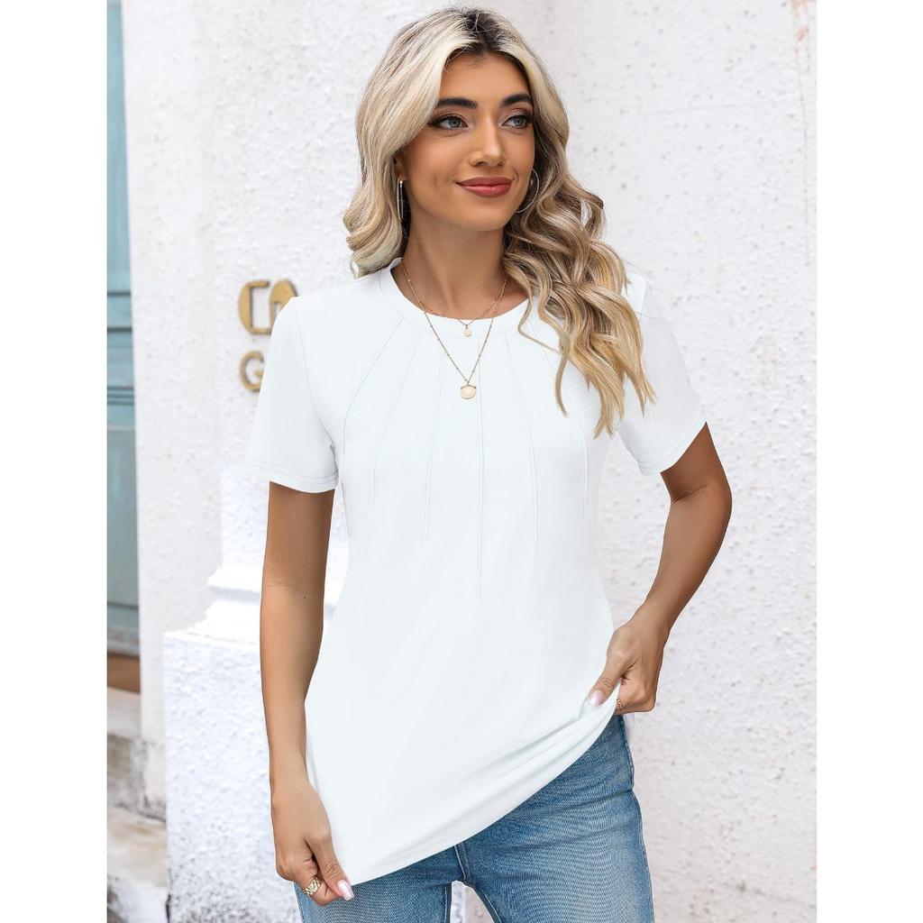 Damen gerafftes Rundhals-Kurzarm-T-Shirt Top, Beliebte lässige Mode-T-Shirts für Damen, Grenzüberschreitende Damenbekleidung für Europa und Amerika