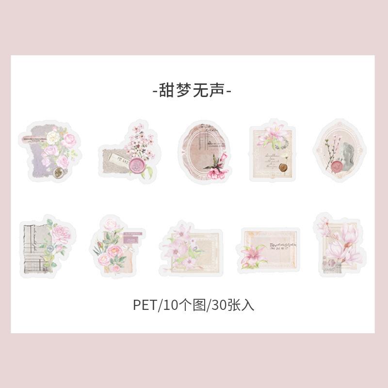 1pack/30pcs Vintage Light-Colored Floral Sticker Pack Soft Pastel Flower Patterns Self-Adhesive for Journal DIY Scrapbook Deco