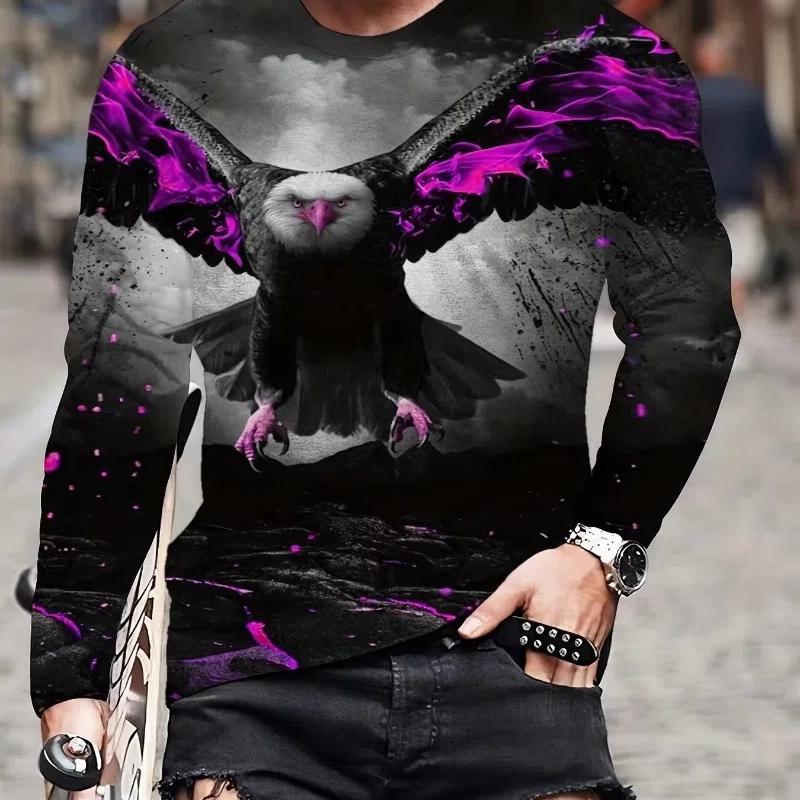 Moda Aquila Stampa Digitale 3D T-Shirt Casual Comoda a Maniche Lunghe Autunno Abbigliamento Fantasia da Uomo Top Regali da Uomo