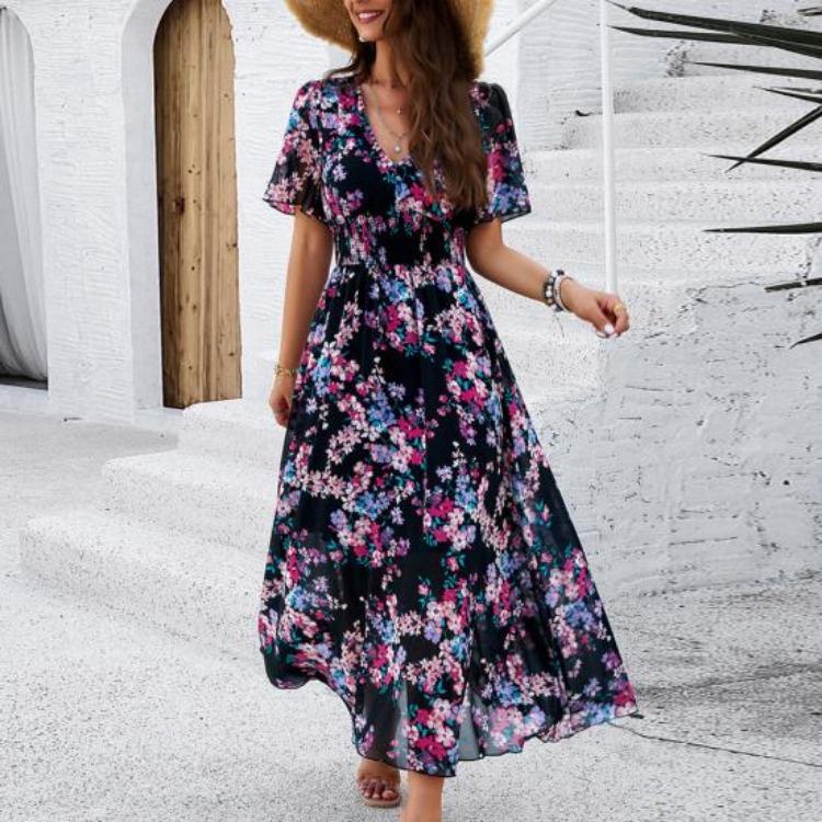 Boho Floralprint Maxikleid für Damen Sommer Strandsonnenkleid mit tiefem V-Ausschnitt Rüschenkurzarm Chiffon Langes Freizeitkleid