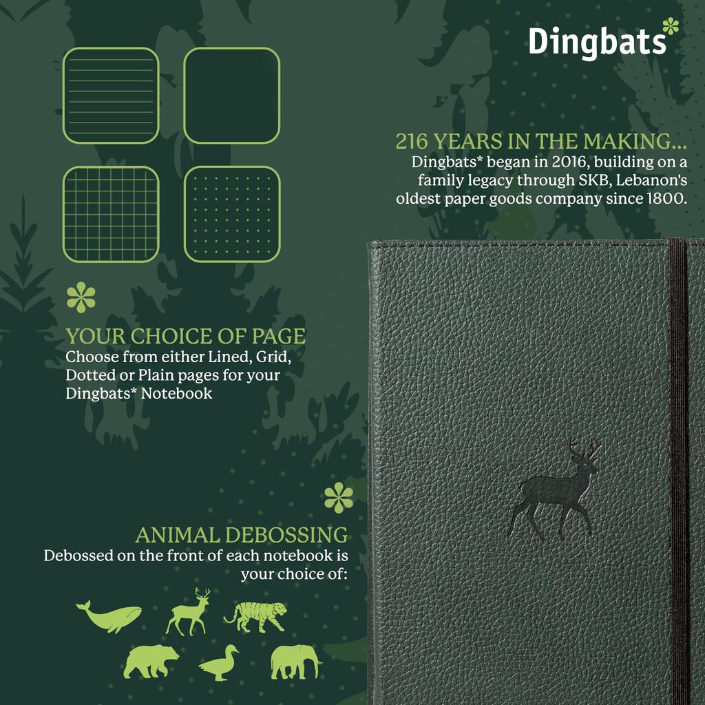 Wildlife Grid Medium Green A5 Hardcover Notebook PU Leather Cream 100gsm Paper Dingbats - Notebook, Deer, - - - Perforated, Ink-Resistant