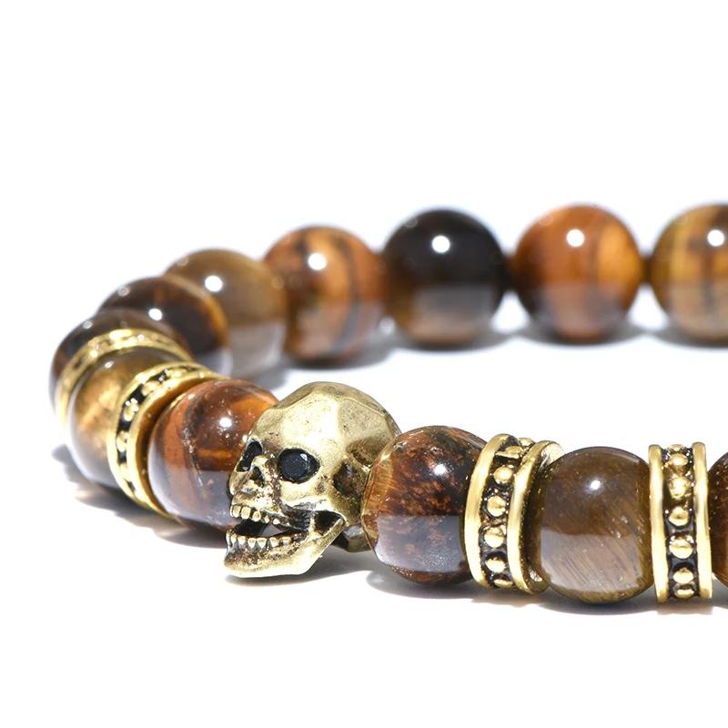 Gothic Skull Bracelet For Men 8mm Smooth Tiger Eyes Stone Strand Braslet Accessories Hombre Gifts For Him Vintage Jewelry Joias