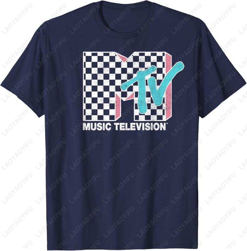 MTV Neon Distressed Checkered Logo Graphic Creative Adult Cotton Shirt MUSIC Television Retro Mens 1980s 1990S Cool Trend Tops