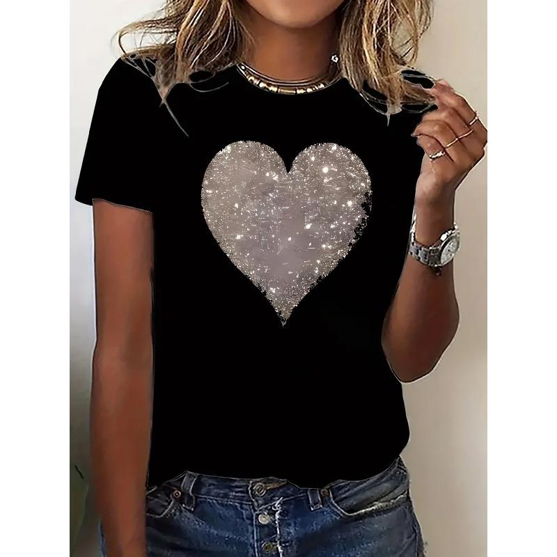 

European size Fashion Women s Sports Short-Sleeve T-Shirt - Features a Silvery Heart-shaped Sequin Print on a Pink Tee. Machine Washable 4XL чорний