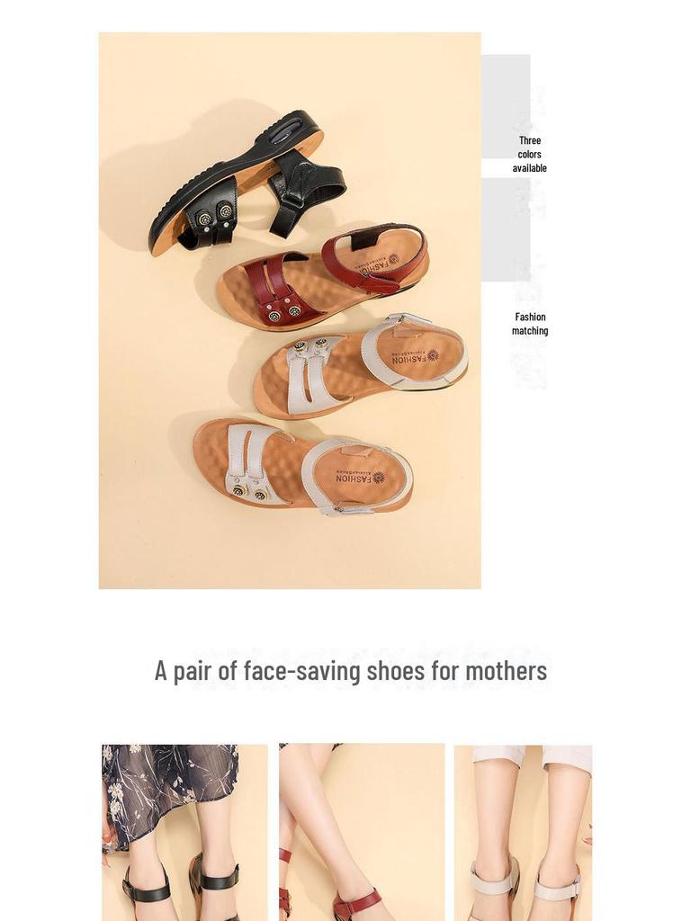 Flache rutschfeste Sandalen für Damen im Sommer für Frauen mittleren Alters, weiches Leder mit Luftkissen