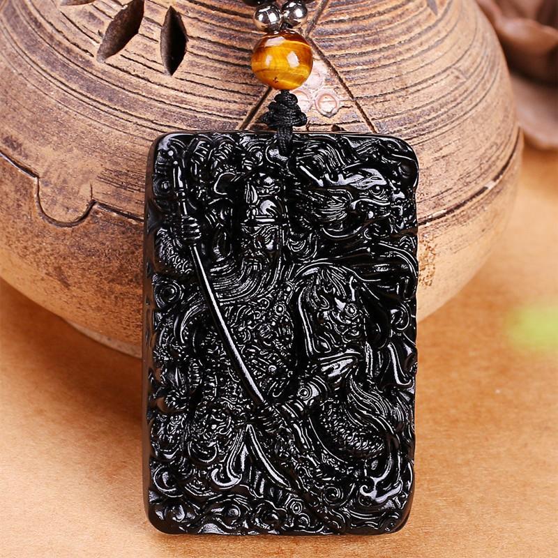 Natural Obsidian Guan Yu Pendant Necklace Men Hand-Carved Black Stone Amulet With Dragon Motif Chinese Cultural Style