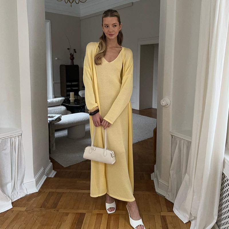 Hirsionsan Měkké Volné Sety Dámské Třídílné Dlouhý Rukáv Kardigan & Sexy Vesta Šaty Elegantní Dámské Vykrojené Oblečení Tepláková Souprava