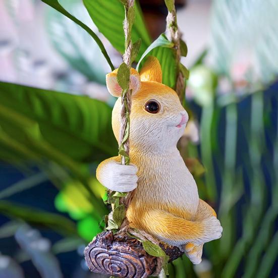 Hanging Swing Statue Rabbit Ornament Rope Tree Stump Base with Imitation Rattan Resin Craft