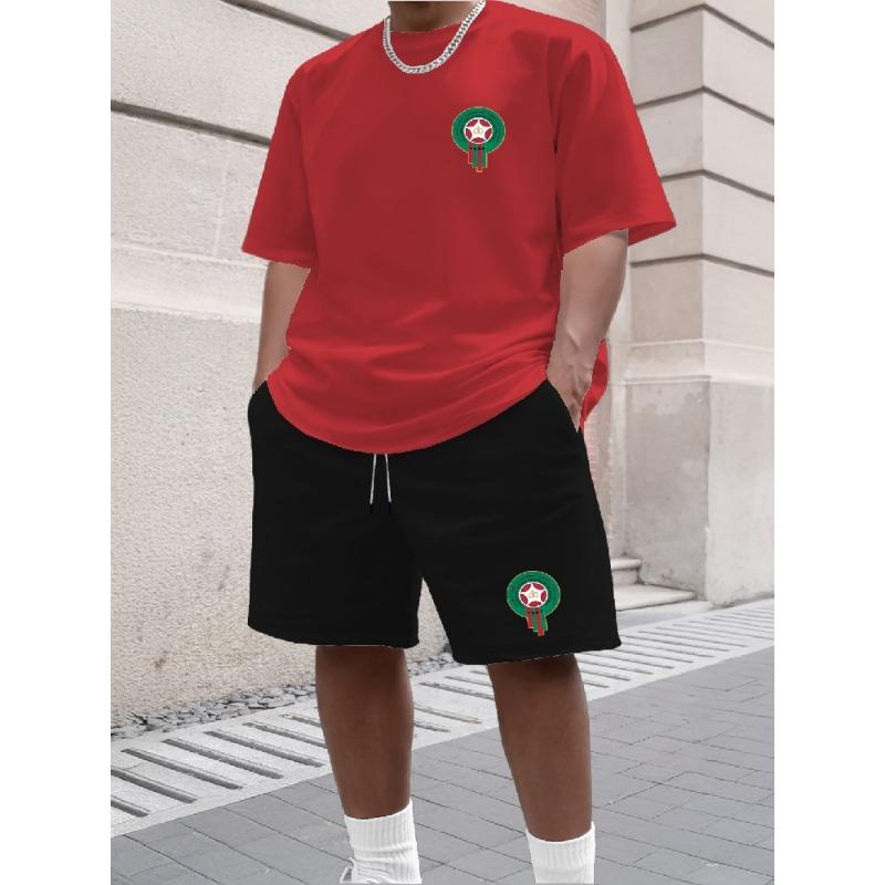 Youth Men's Fashionable Casual Sports Two-Piece Set Print Summer Short-Sleeved T-Shirt And Shorts Ensemble