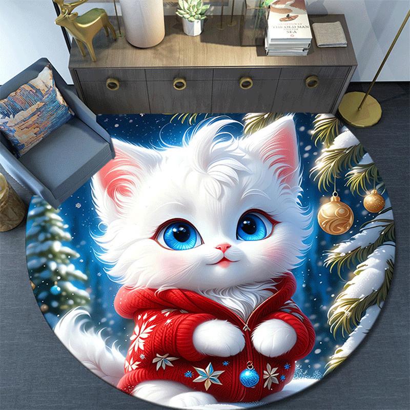 1pc Soft, Absorbent & Non Slip Christmas Kitten Round Rug Soft Circle Rug for Living Room & Bedroom Decor, Chair Mats, and Unforgettable Hom