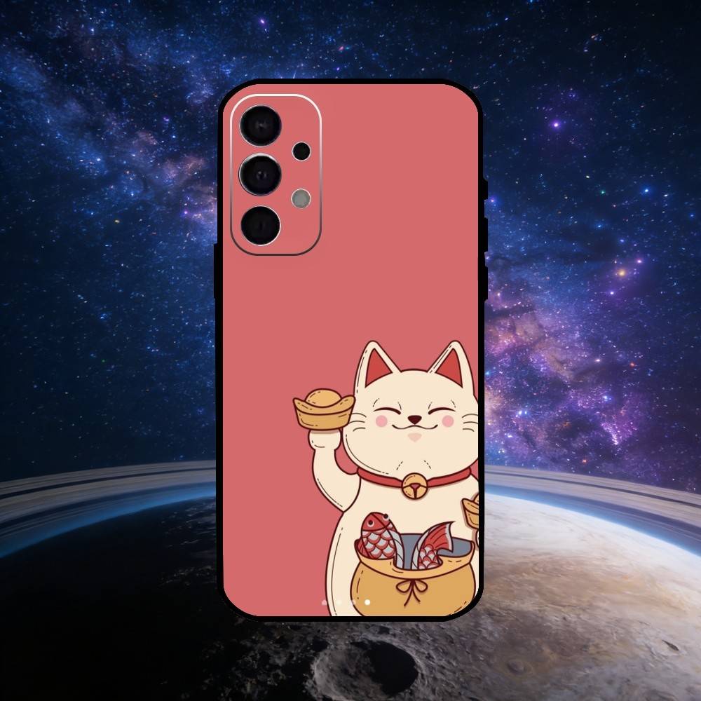 Uroczy Szczęśliwy Kot Maneki Neko Etui na Telefon Dla Samsung S25,S24,S23,S22,S21,S20,Ultra,Plus,FE Czarne Miękkie Etui