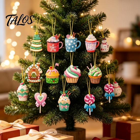 Holiday Hanging Pendants Christmas Wooden Ornament, Lollipop Cupcake Ice Cream Popsicle Cute Snowman Decor Decorations for Xmas Tree, Window,
