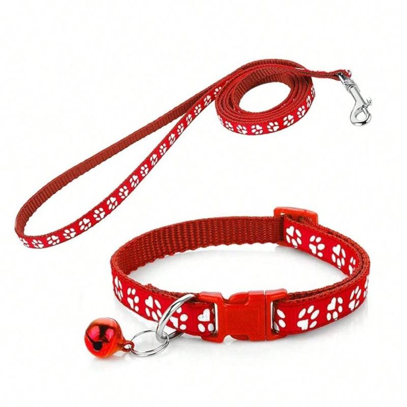 

1 Набор милых поводка и ошейника с отпечатками собачьих лап, Изготовлен из полипропиленового материала с колокольчиком, Оснащен регулируемой пряжкой, Модный и ошейник Red
