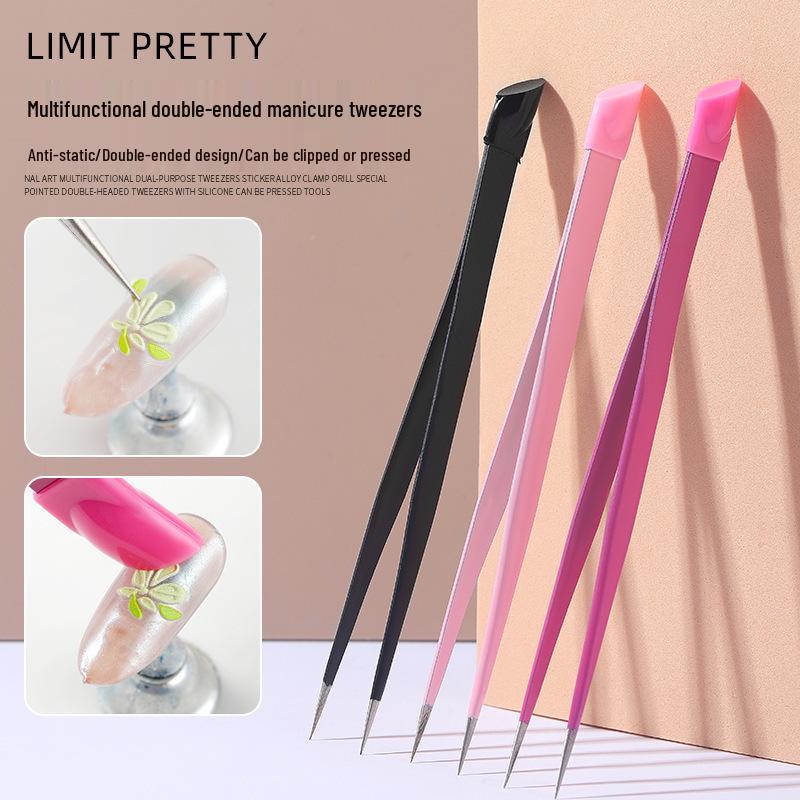 Double-Ended Nail Art Tweezers with Rhinestone Pressing Stick and Silicone Anti-Static Tip