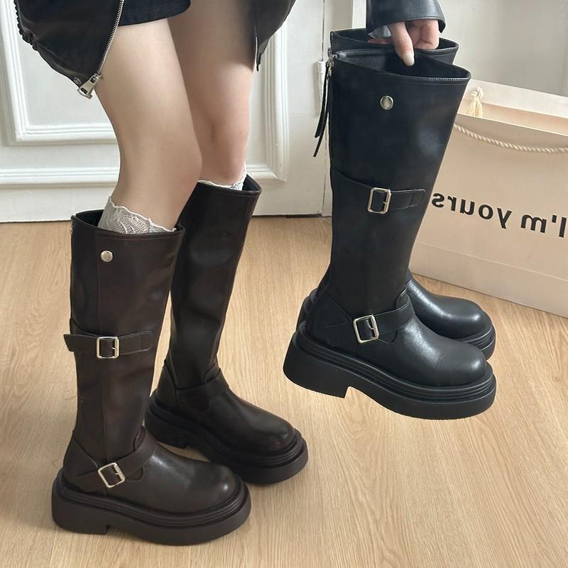 Platform Boots Women's Knee Boots 2025 New Spring and Autumn Retro Belt Buckle Small Tall Knight Boots