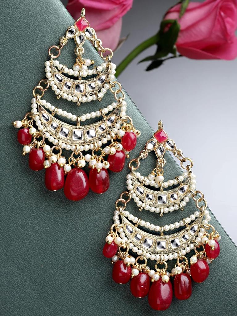Gold Plated Red Tumble Kundan Chandbali Earrings for Women