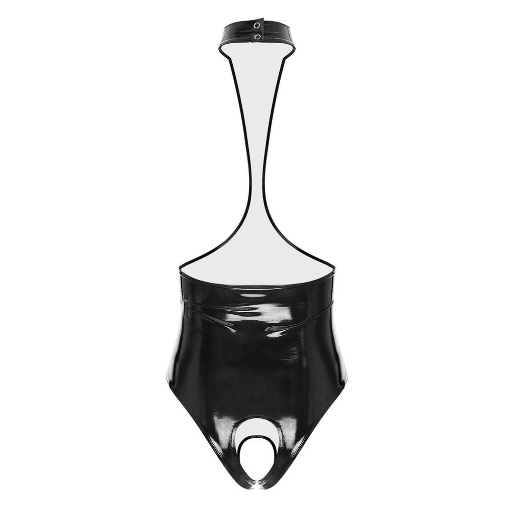 Damen Patentleder Offene Brust Neckholder Body Rückenloses Schrittloser Catsuit Ärmelloses Dessous