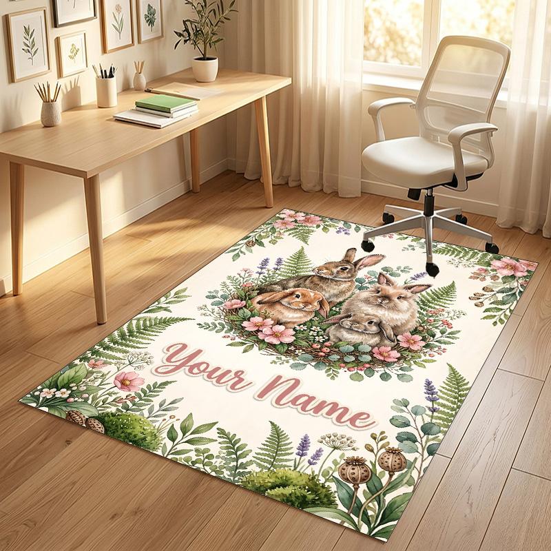 Easter Bunny Theme Crystal Velvet Rug Personalized Custom Name Text Soft Floor Mat Home Decor