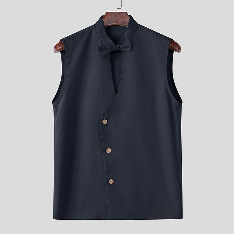 

INCERUN Summer Men Bow Knot Cutout Neck Sleeveless Oblique Buttons Tank Tops M темно-синий