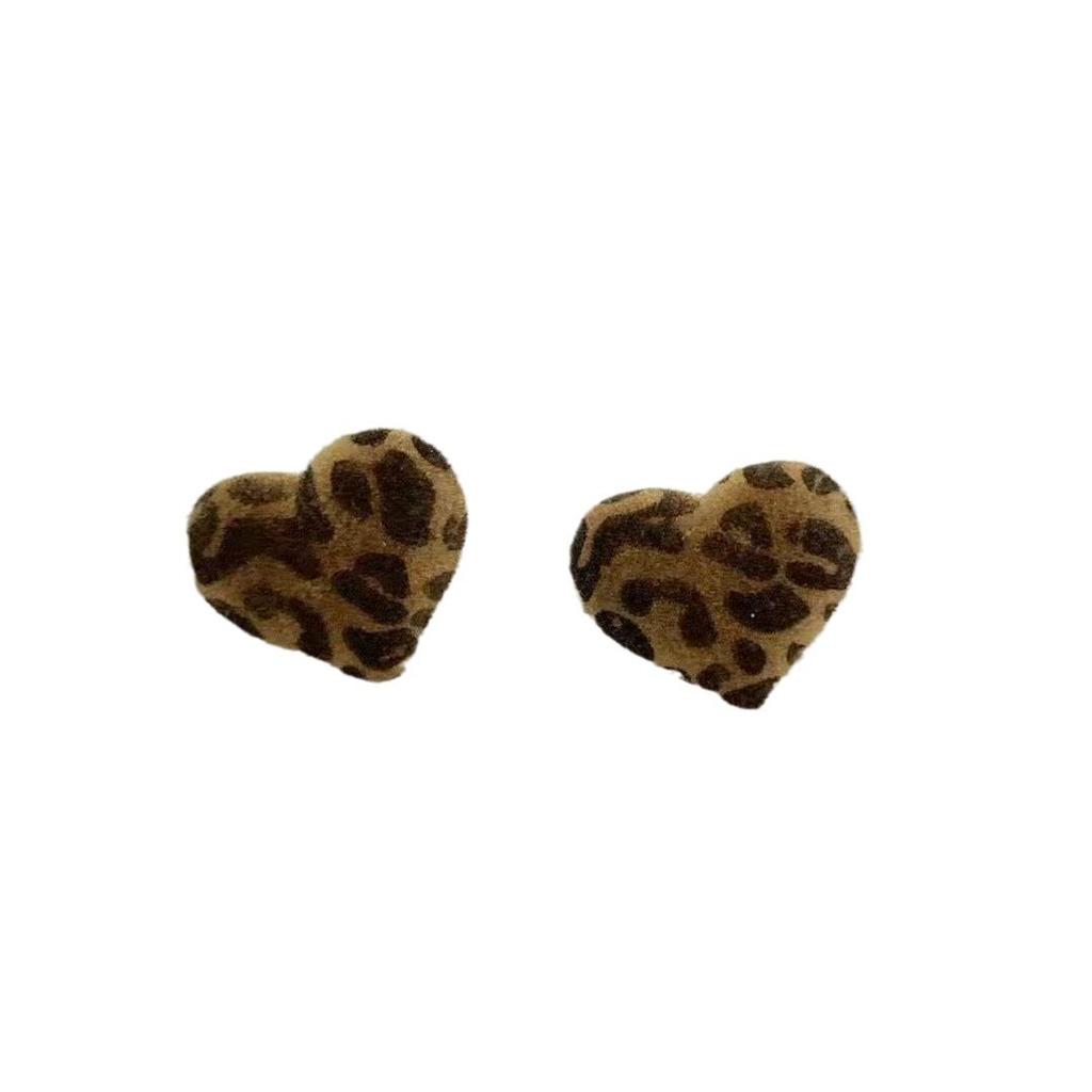 Autumn and winter flocking leopard print love earrings women's retro stud earrings unique temperament earrings