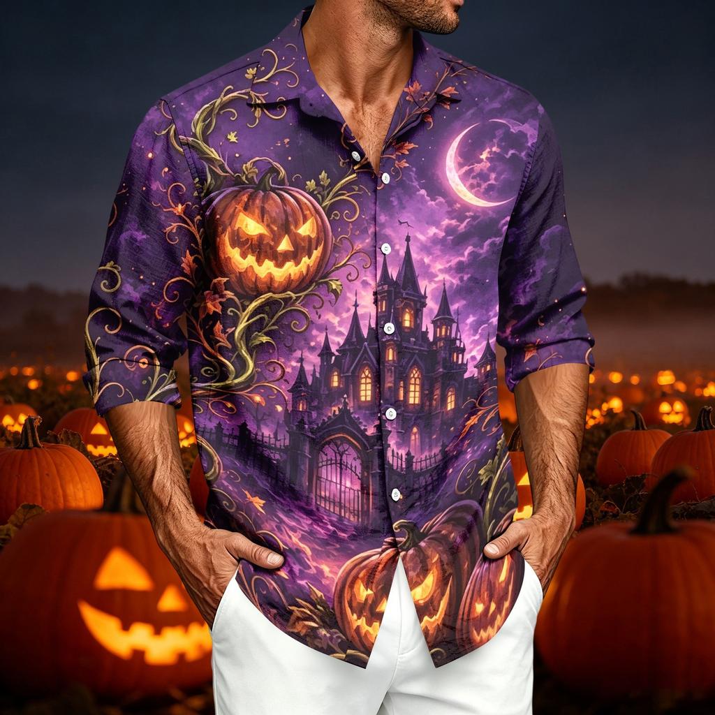 Men's Casual Long Sleeve Shirt with Halloween Print for Spring and Fall