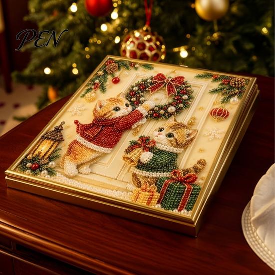 Dekoracyjny Zestaw Malowania Koralikami Faux Pearl Kotek Boże Narodzenie, Świąteczny Artystyczny Zestaw DIY Prezent Boże Narodzenie dla Pasjonatów Uroczy Kotek Zestaw do Rękodzieła z Koralików 3D dla Dorosłych Nastolatków,